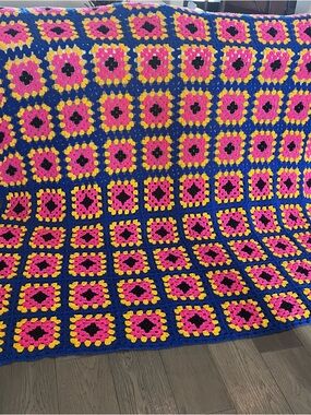 Handmade Crochet Granny Square Blanket | Bold Pink Yellow Blue | 78” x 78”